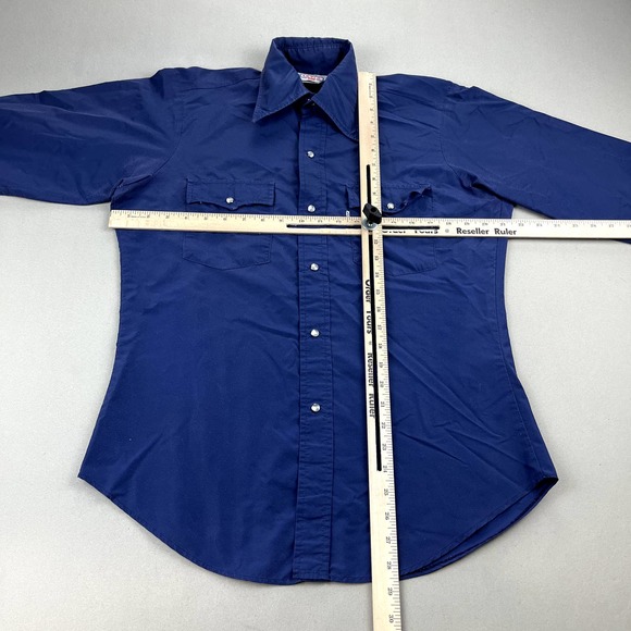 Vintage Levis Ski Button Up Shirt Mens Medium Navy Blue Pearl Snap Made USA 80s - Picture 9 of 12